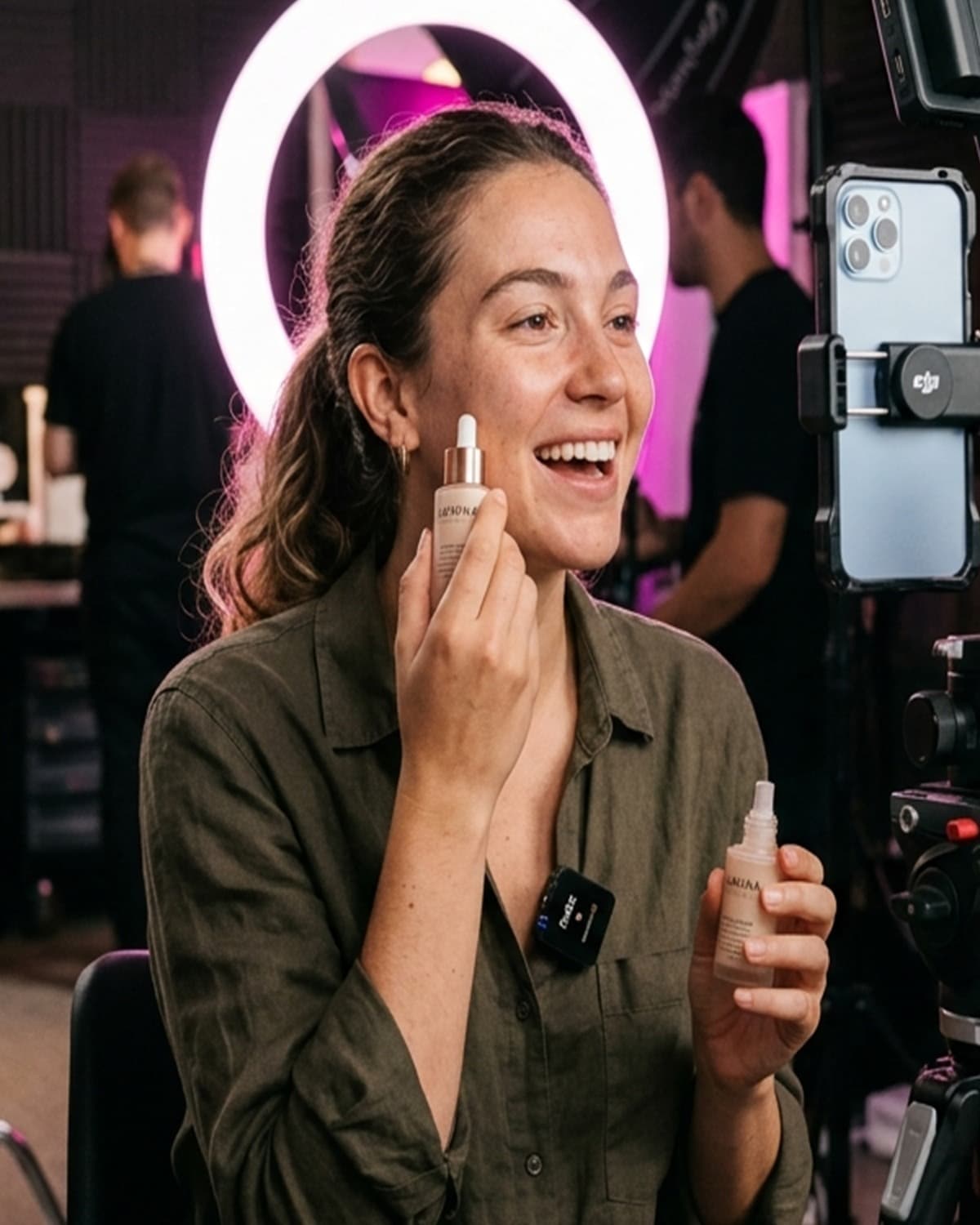 Creator filming a Glowhaus skincare routine video for TikTok Shop